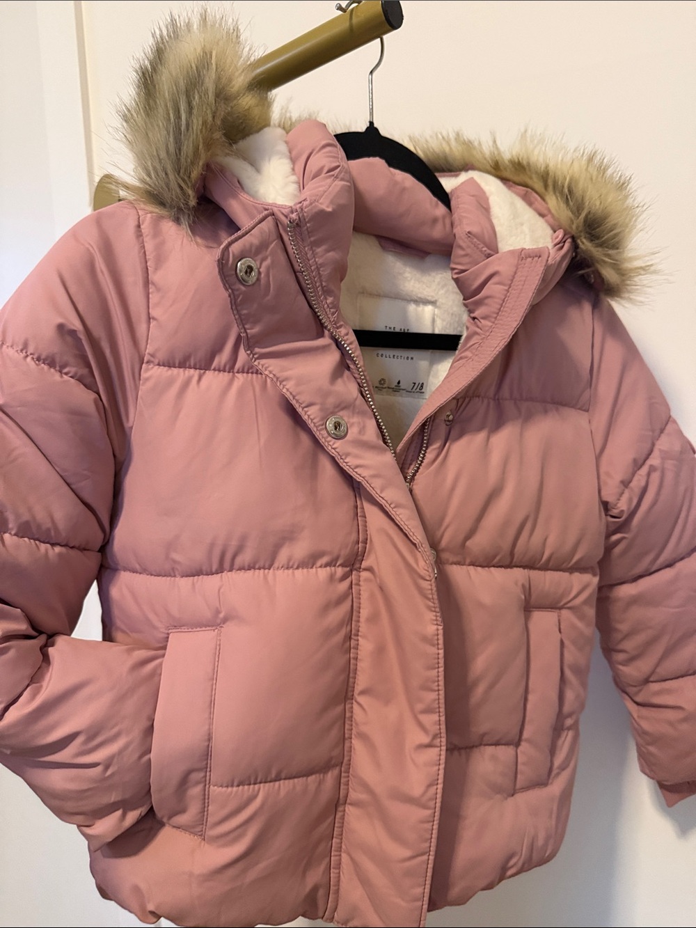 Abercrombie Kids dusty pink puffer jacket with faux-fur hood